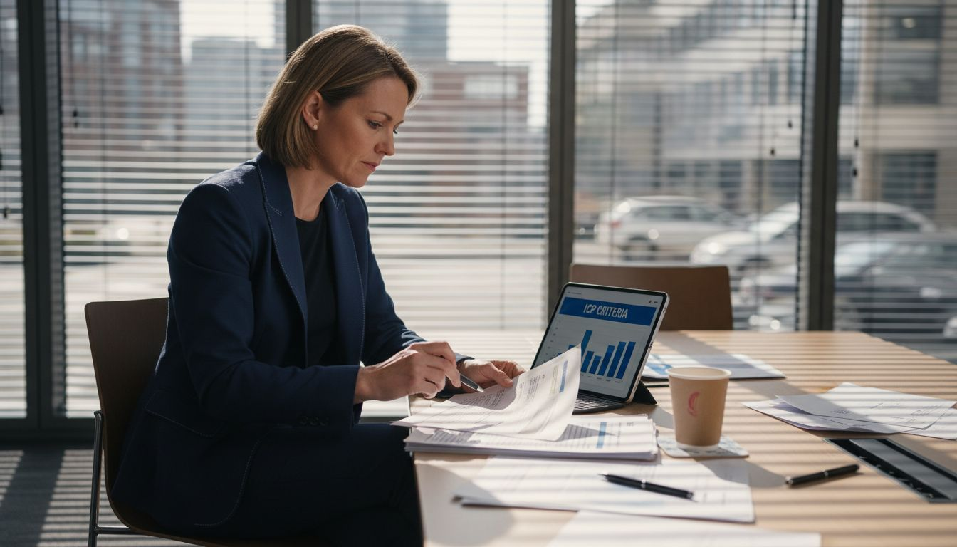 Saleswoman reviews ideal customer profile sheets