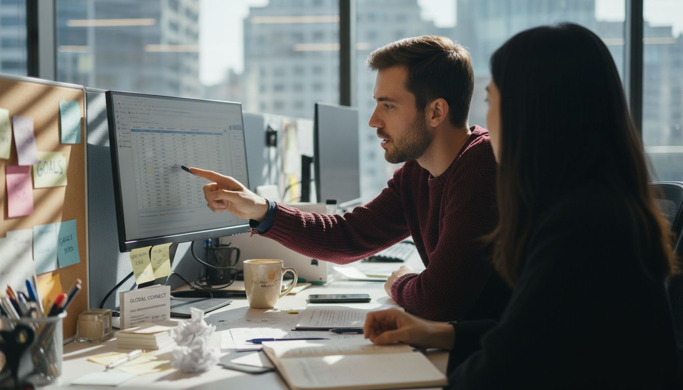 Sales rep reviewing strategy at messy desk