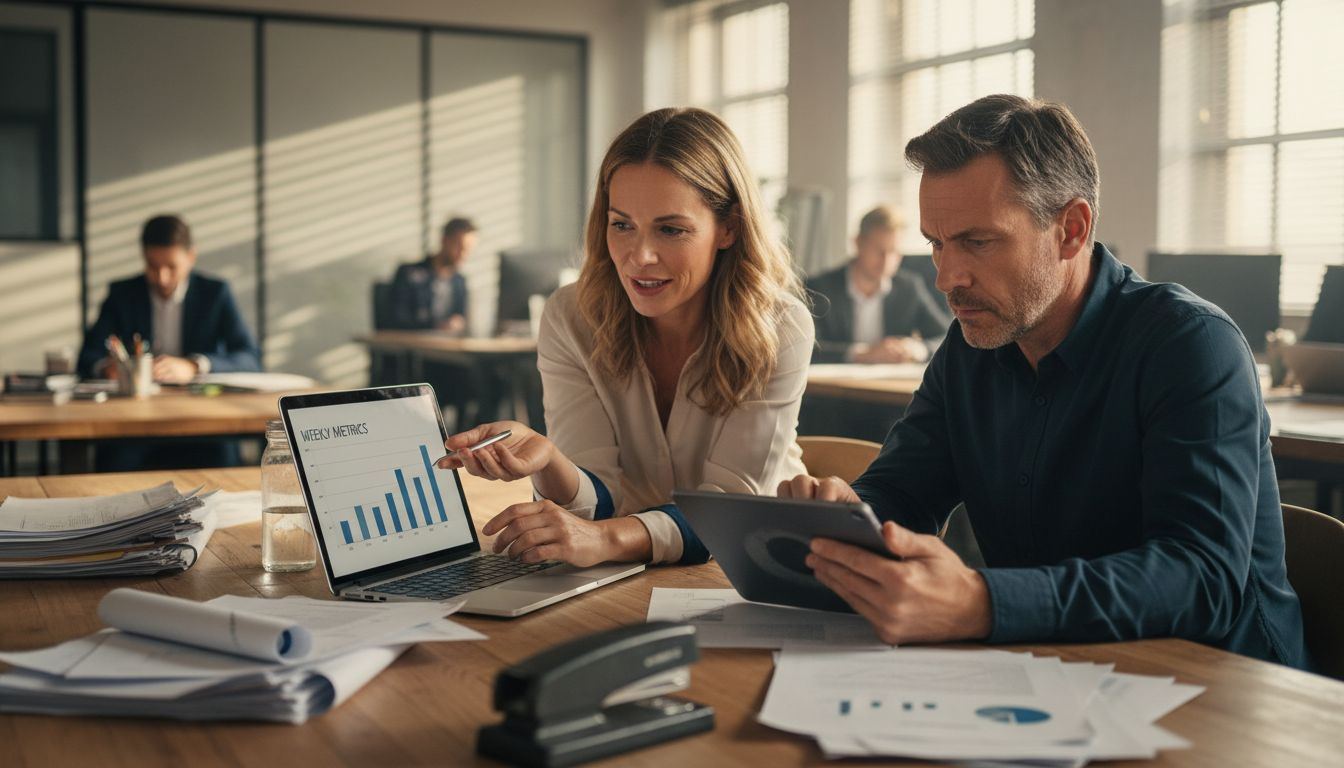 Consultant reviewing sales analytics with client