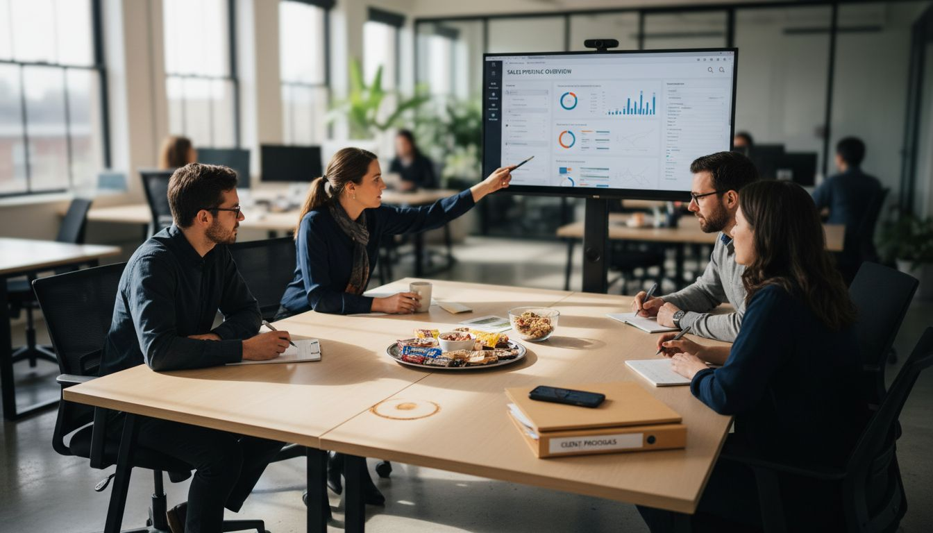 Sales team discussing CRM dashboard in meeting