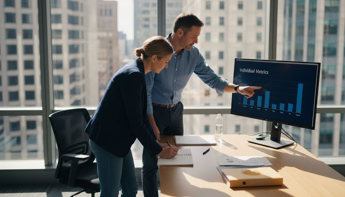 Trainer coaching salesperson with personal metrics