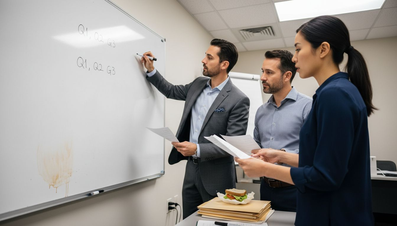 Sales team reviewing quarterly revenue on whiteboard