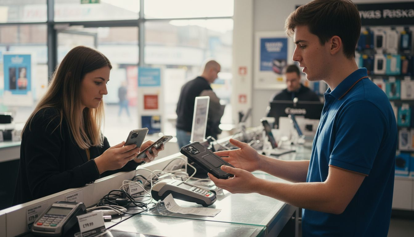 Retail worker upselling at electronics counter