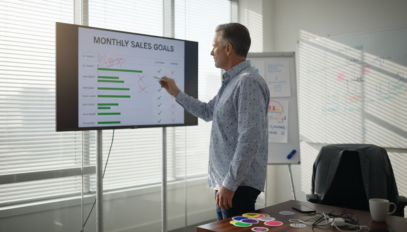 Manager updating sales target tracking monitor