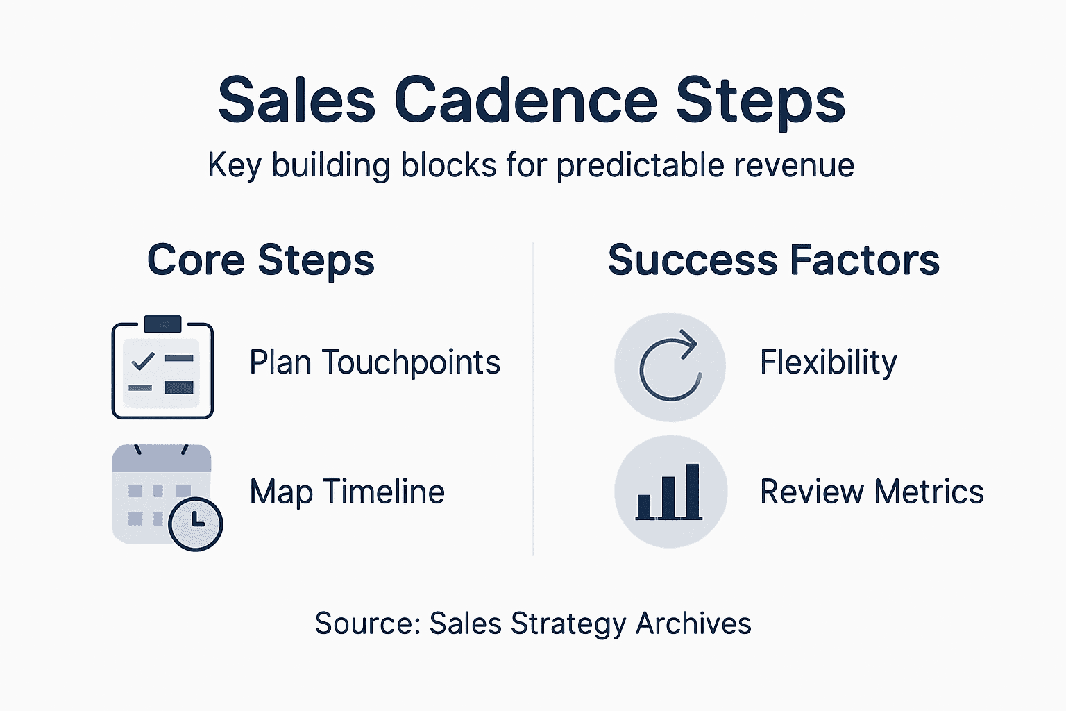 Infographic outlining sales cadence steps and factors