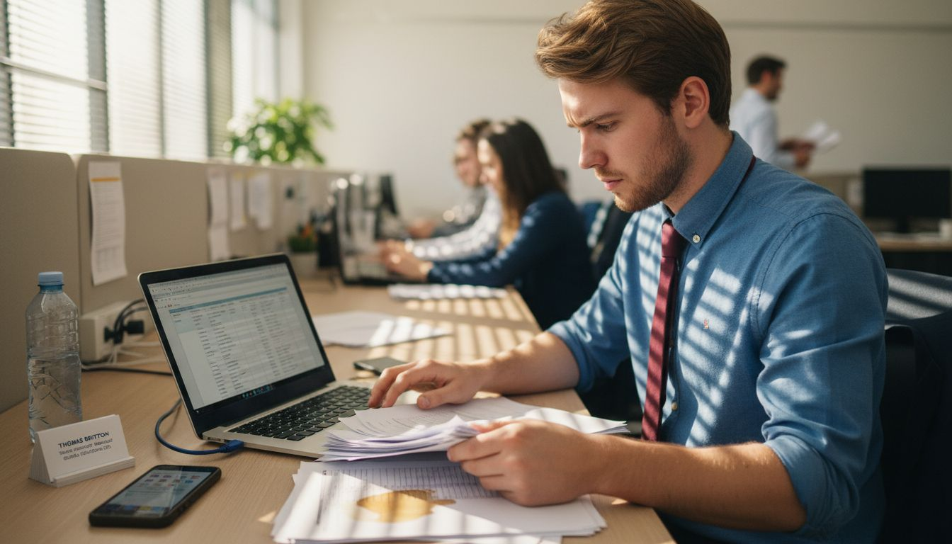 Sales rep reviewing printed client profiles