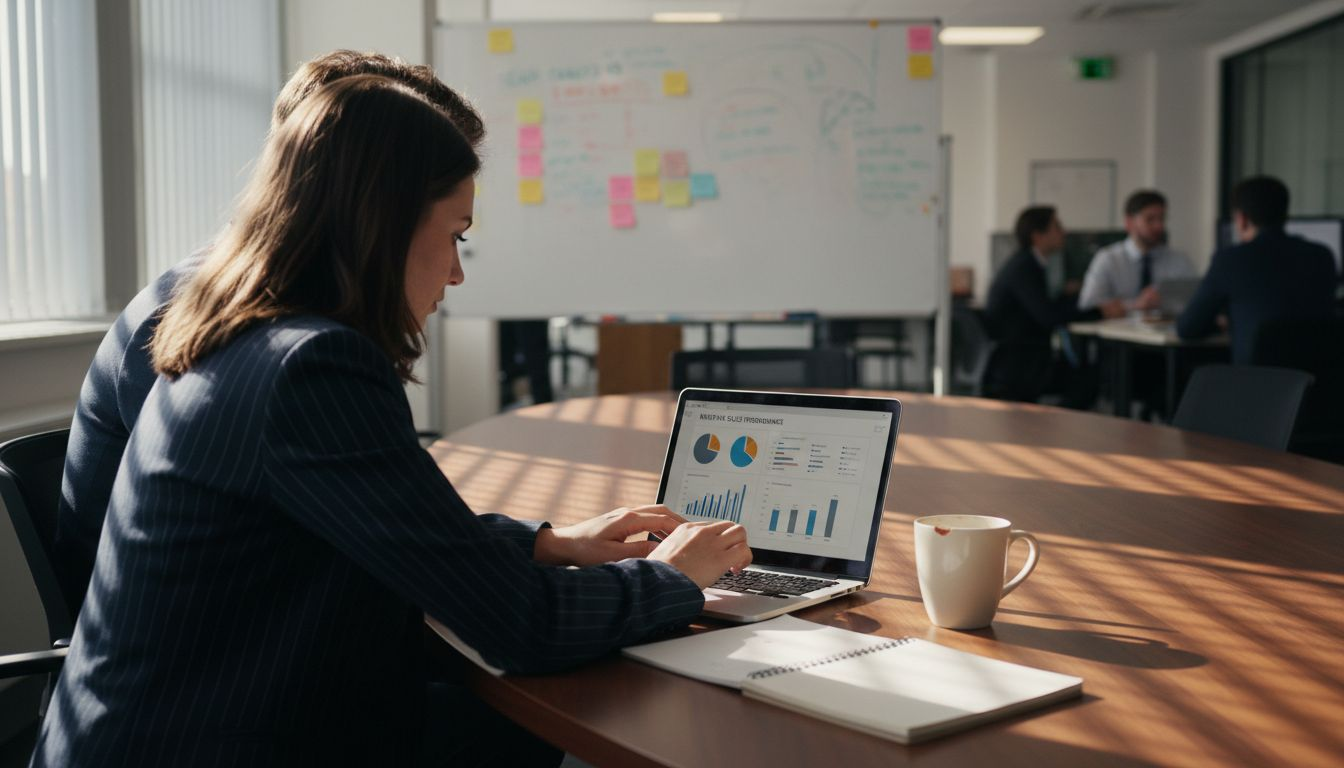 Sales team reviewing performance laptop