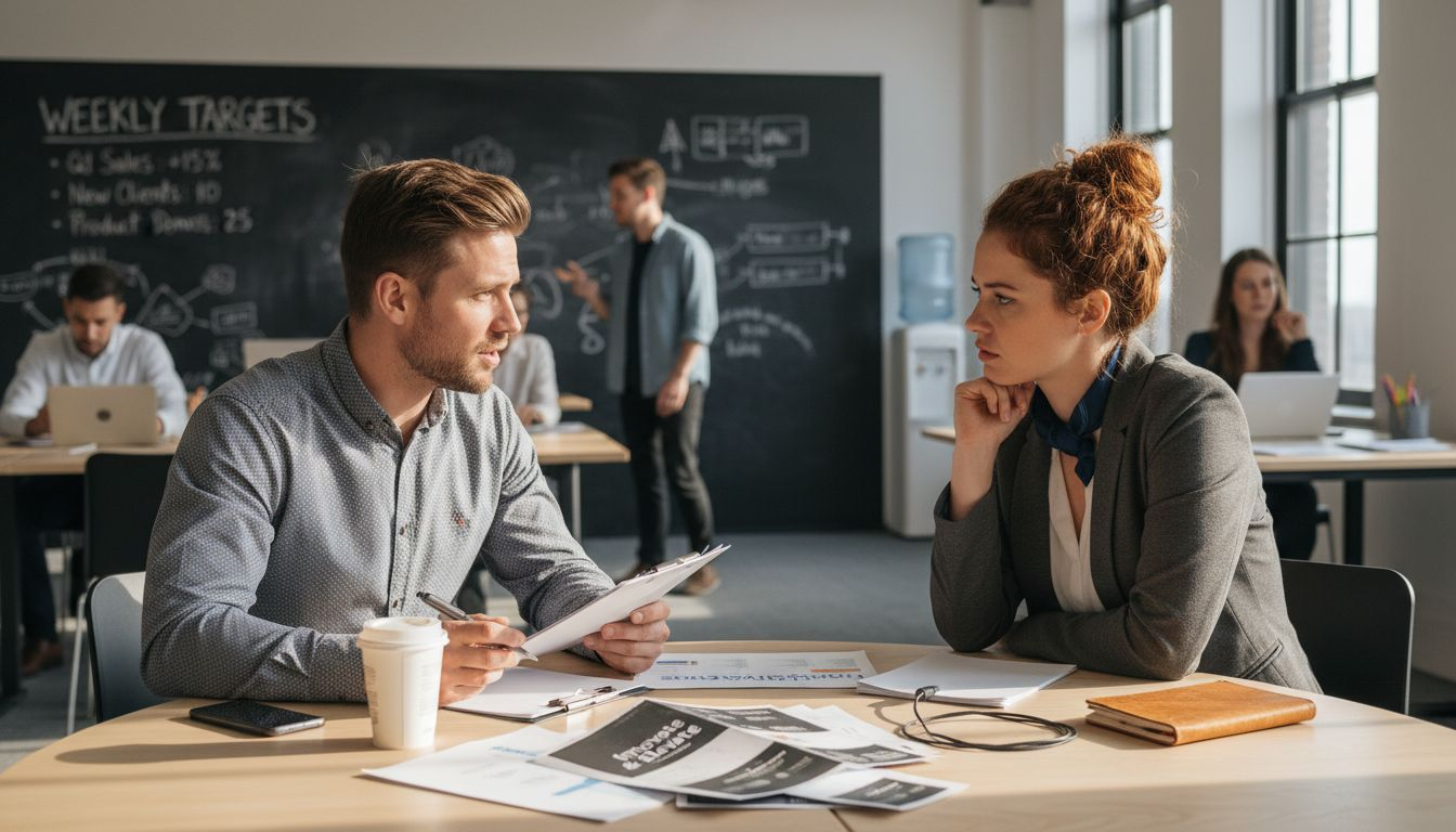Salespeople role-playing sales coaching session