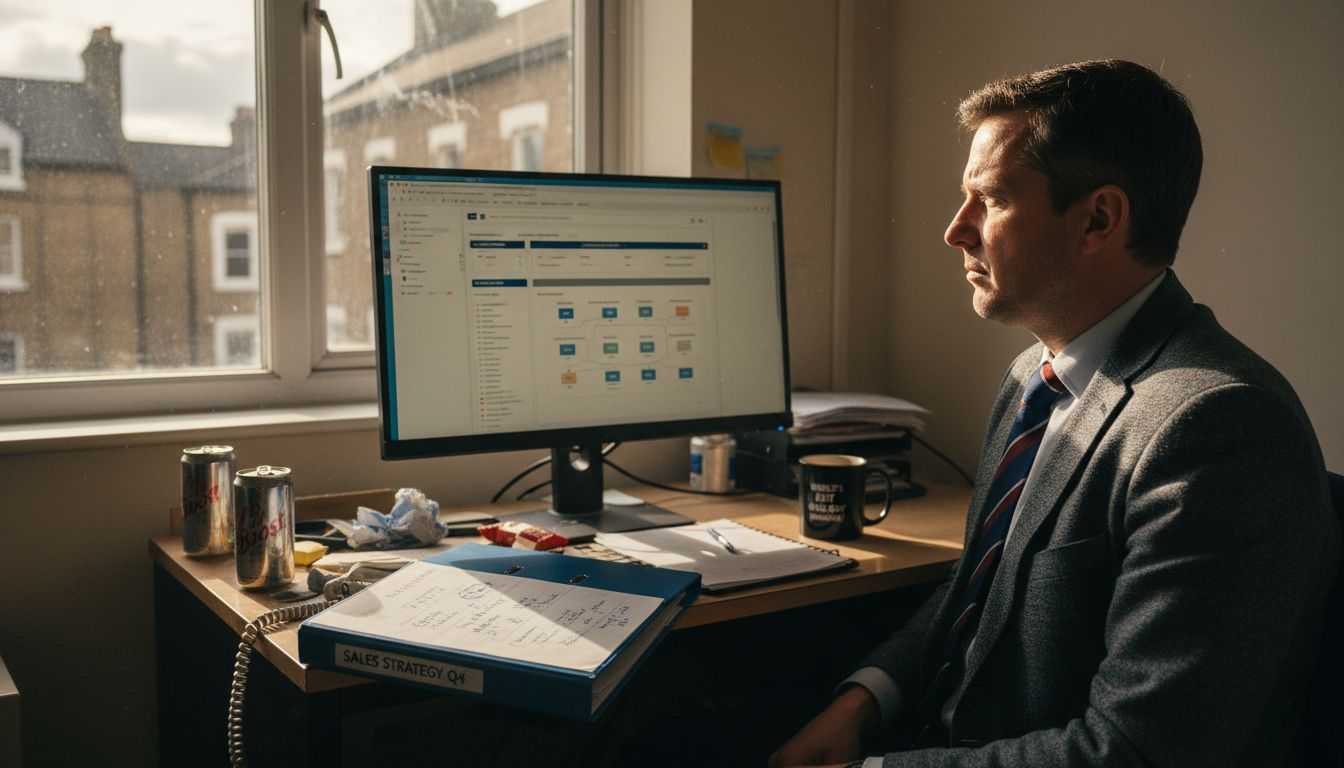 Sales manager implementing CRM desk scene