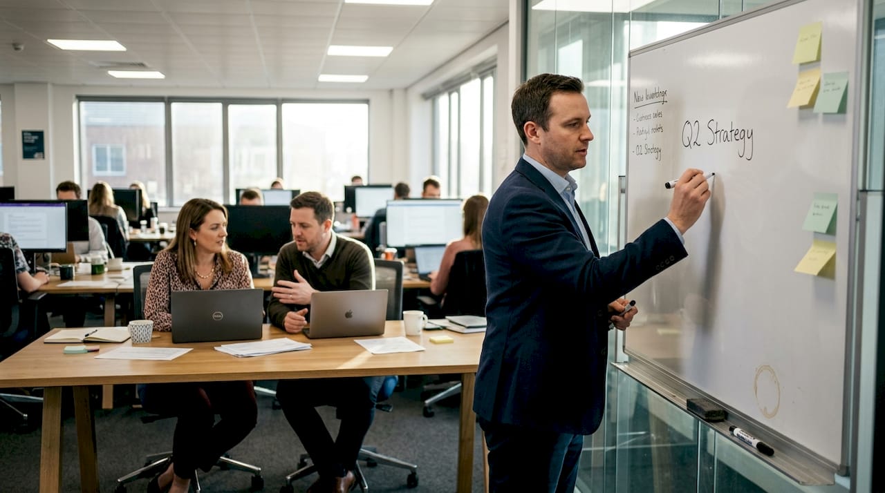 Sales and marketing team planning around whiteboard
