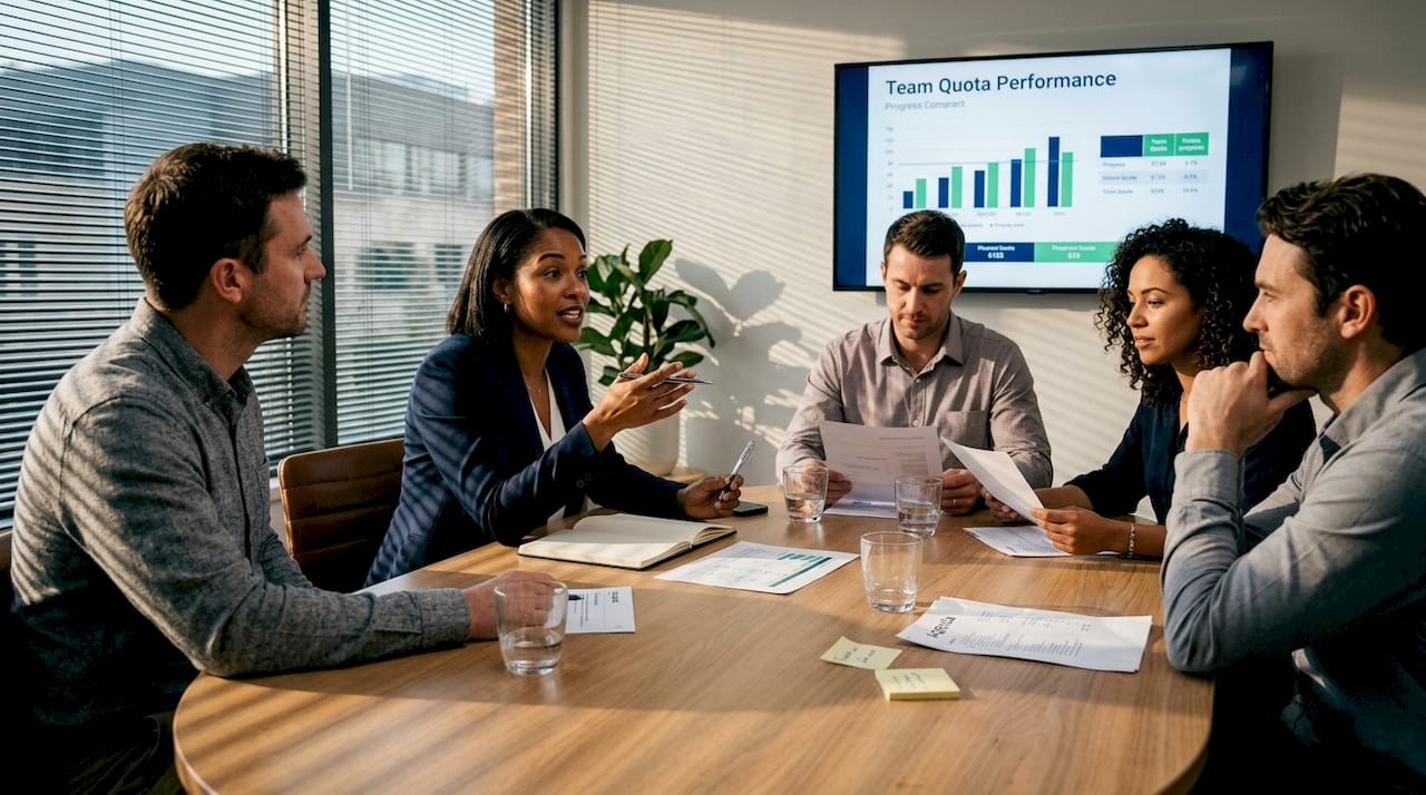 Sales team reviewing performance together