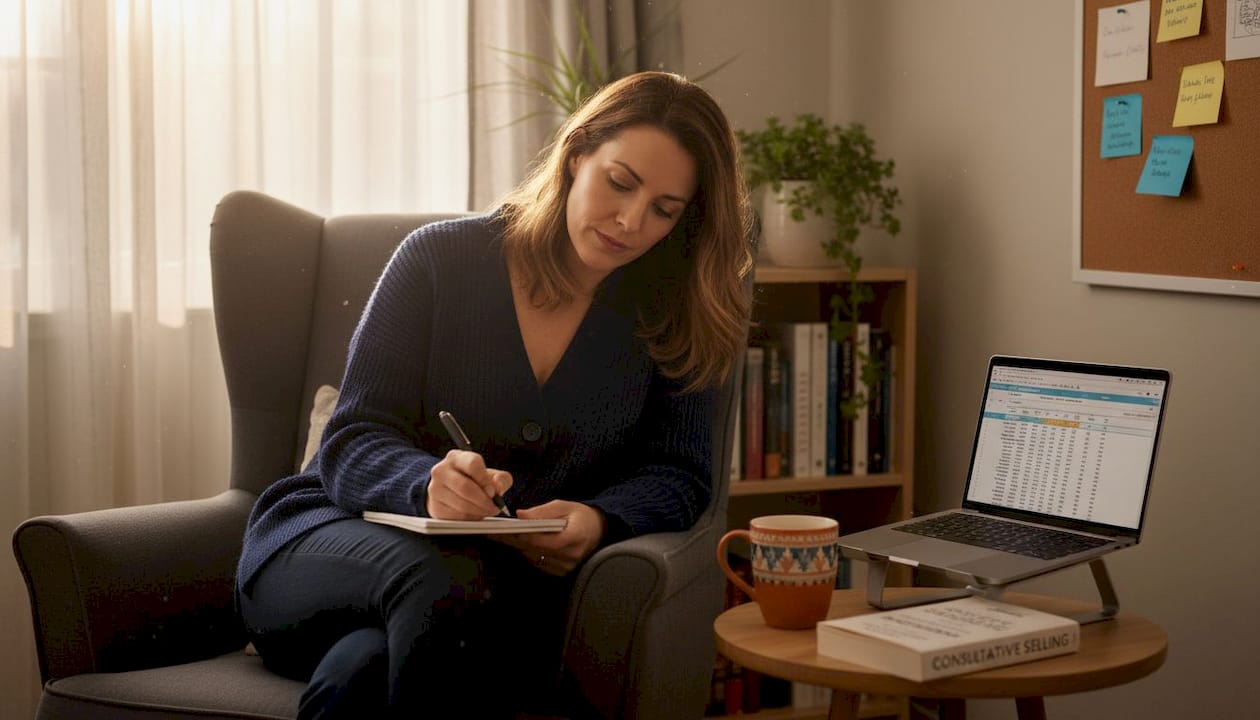 Sales consultant drafting notes in home office