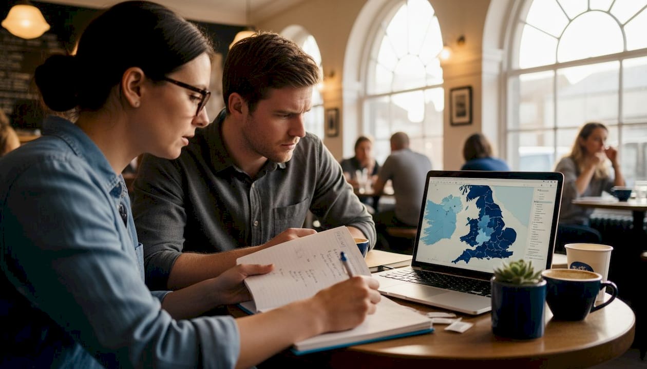 Colleagues planning territories with map and notes