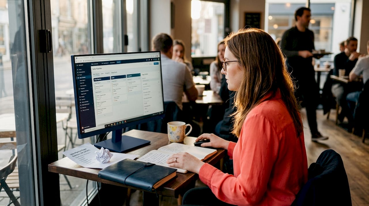 Worker updating CRM in open office