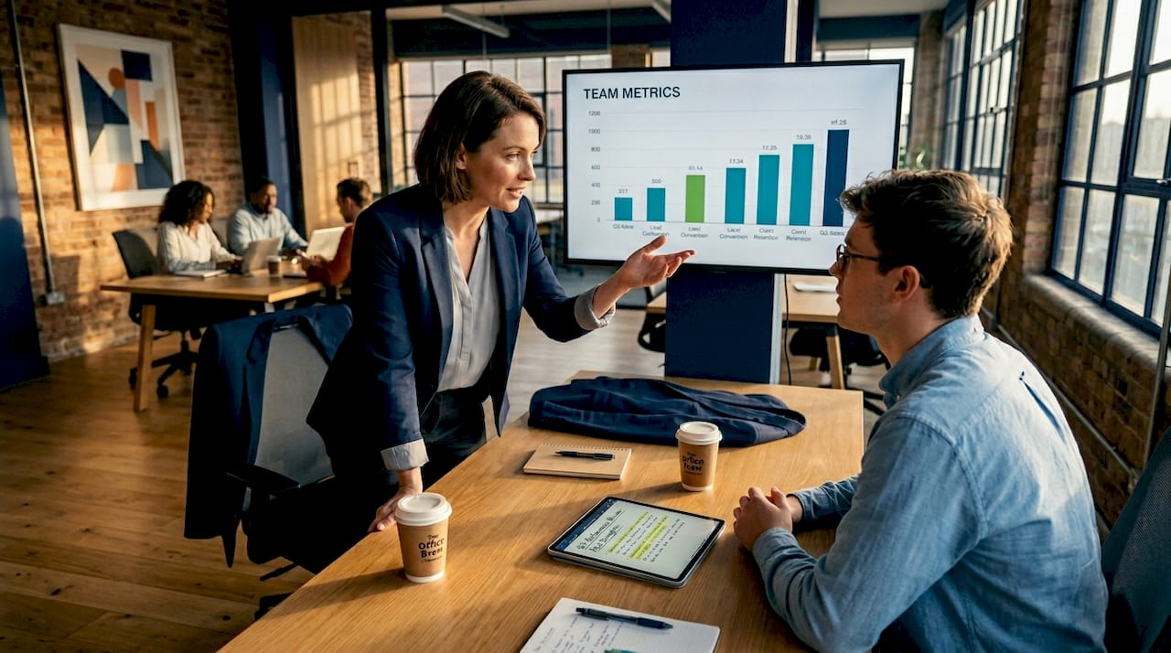 Manager leading sales performance meeting