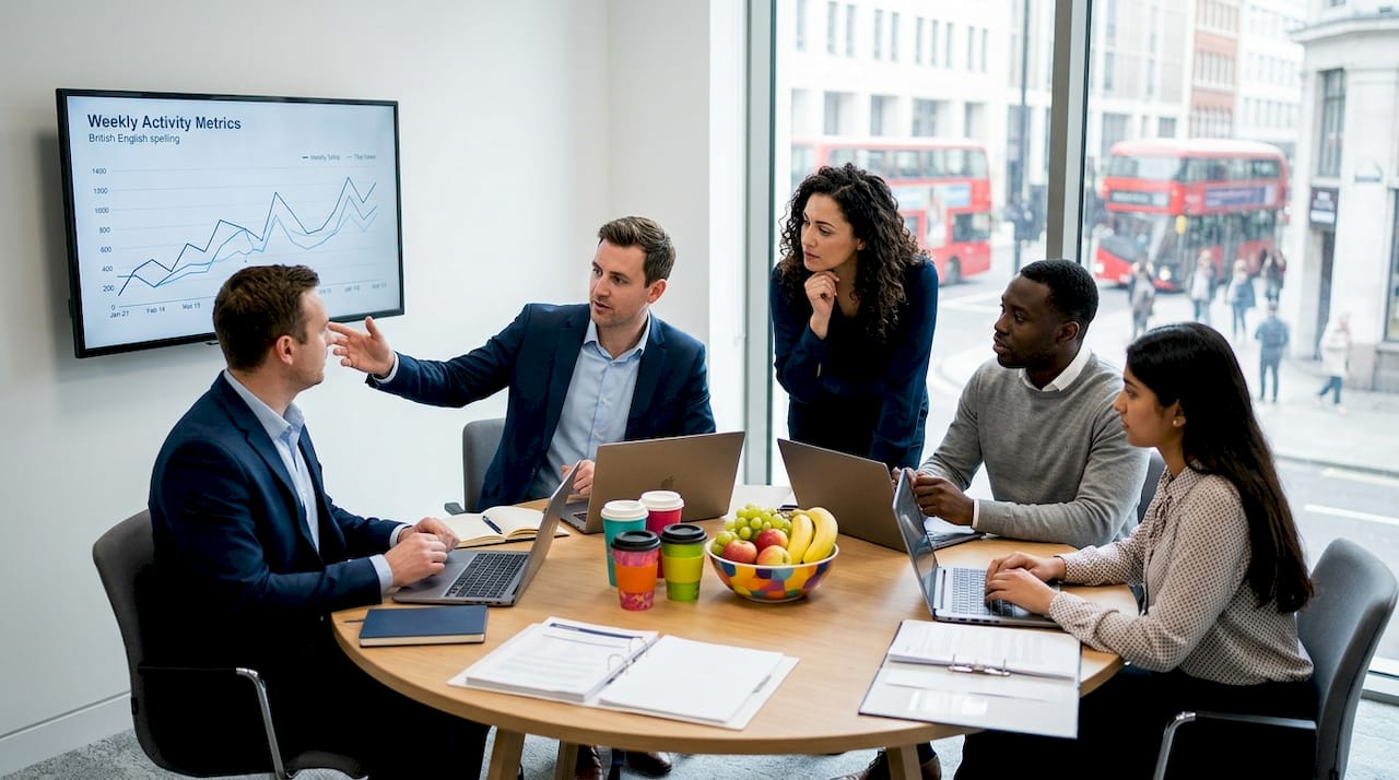 Sales team discussing activity metrics in meeting