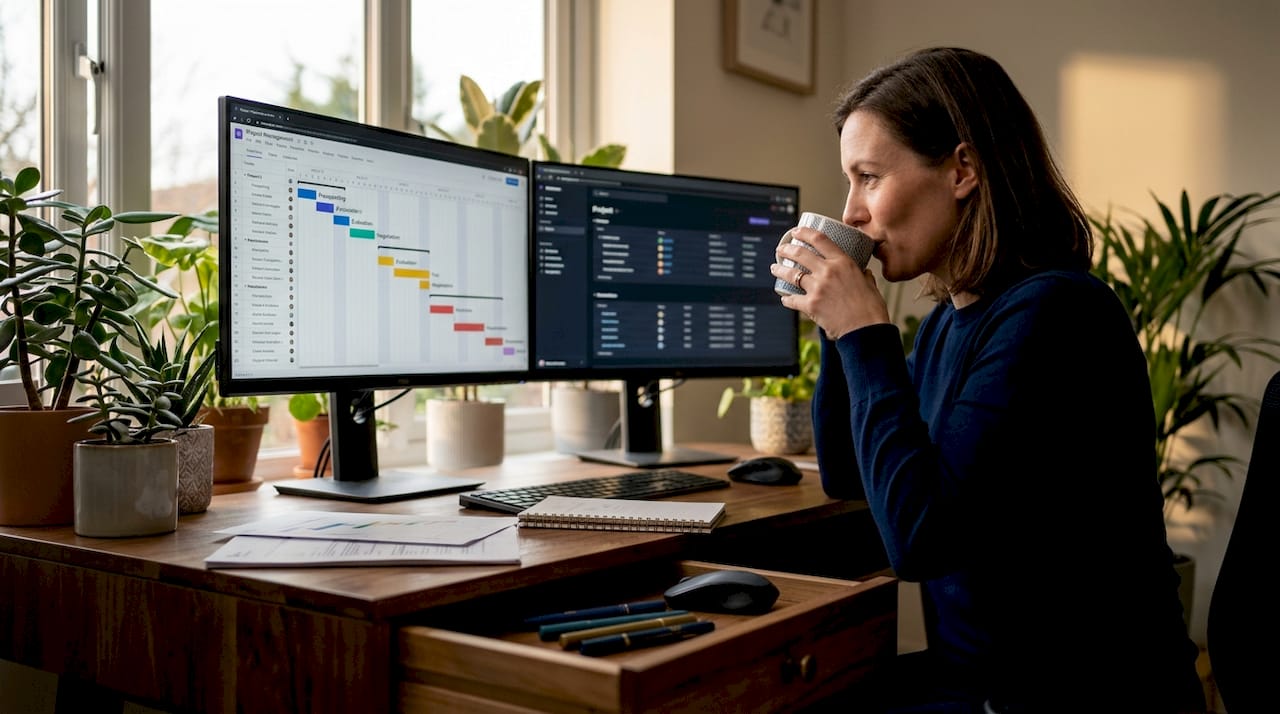 Woman reviewing sales cycles timeline at desk