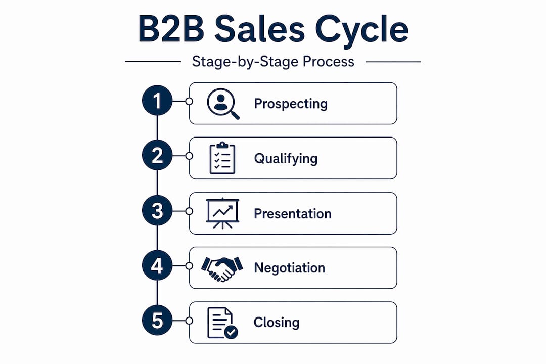 Infographic showing five B2B sales cycle stages