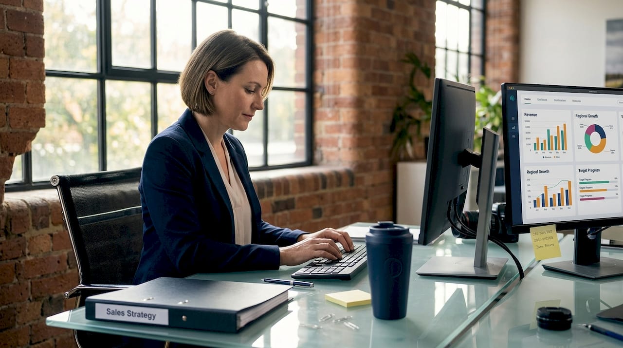 Sales manager working at desk with reports