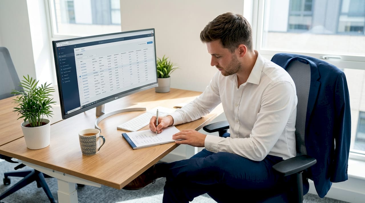 Sales rep reviews CRM data at messy desk