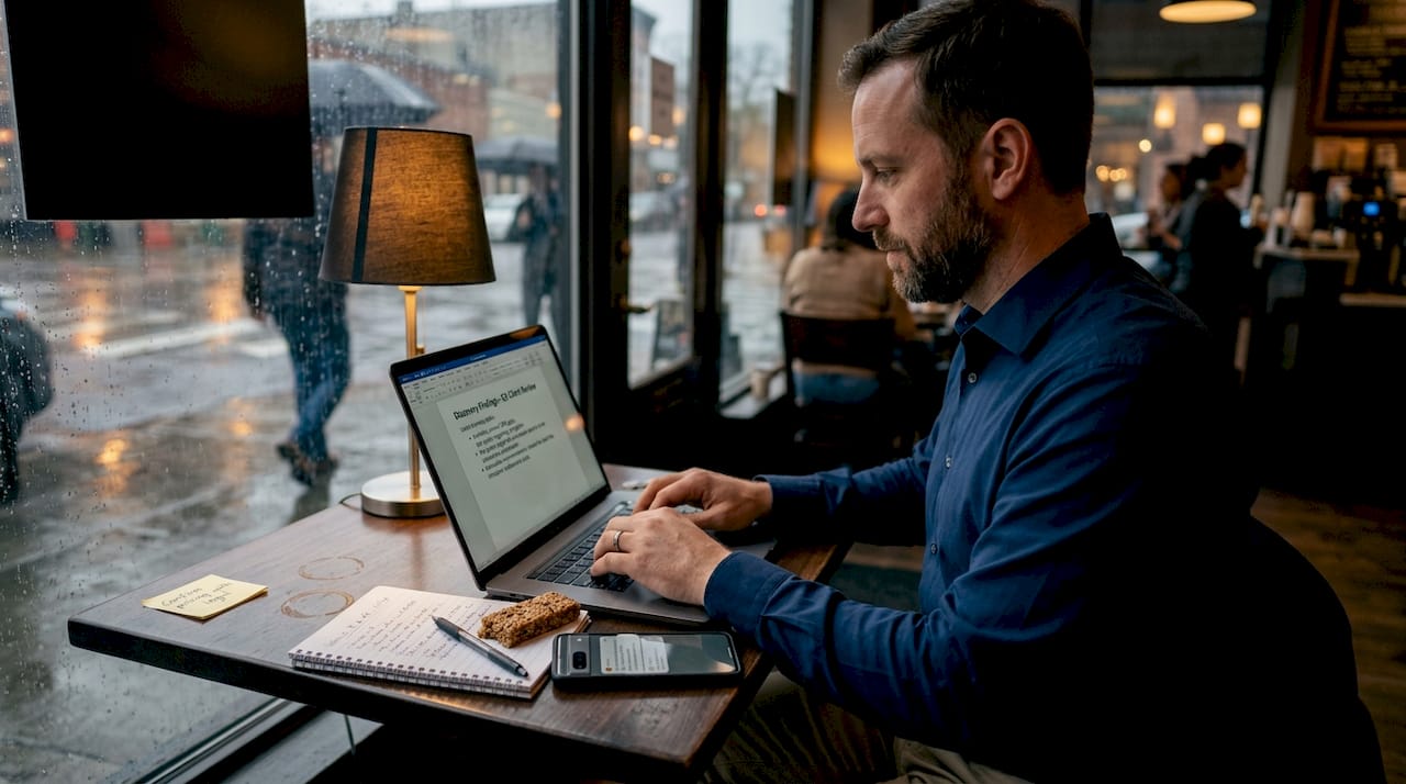 Sales rep entering discovery notes at computer