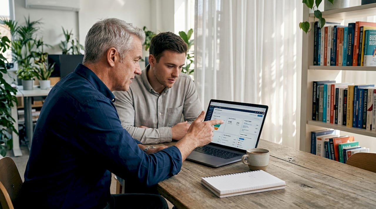 Manager coaching sales rep at workspace