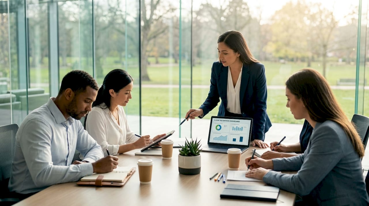 Team collaborating on client retention strategy