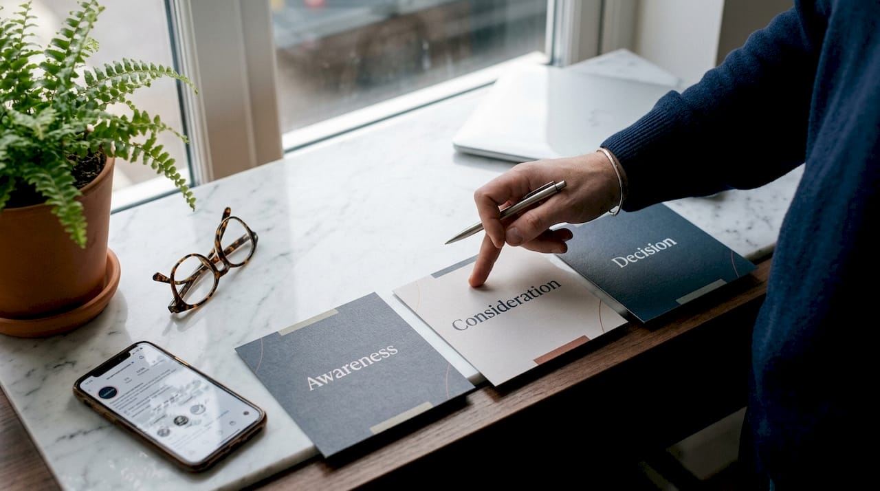 Close-up of buyer journey stage cards on desk