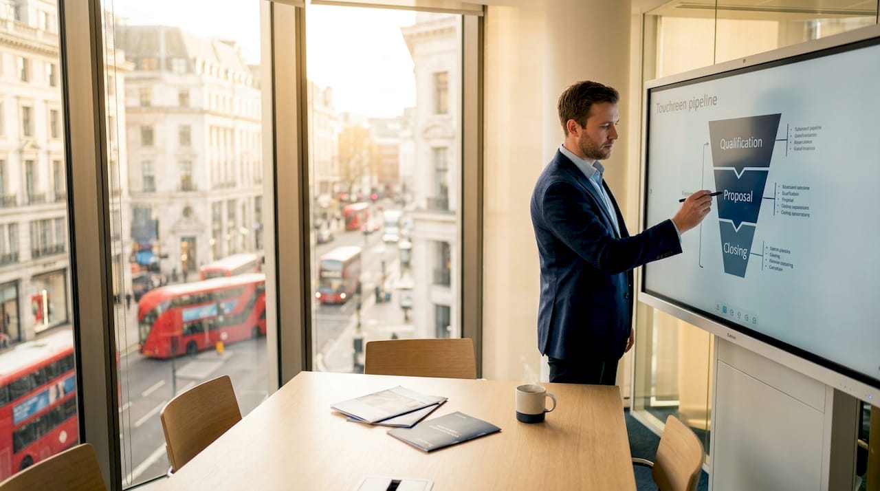 Sales rep interacting with pipeline stages on touchscreen