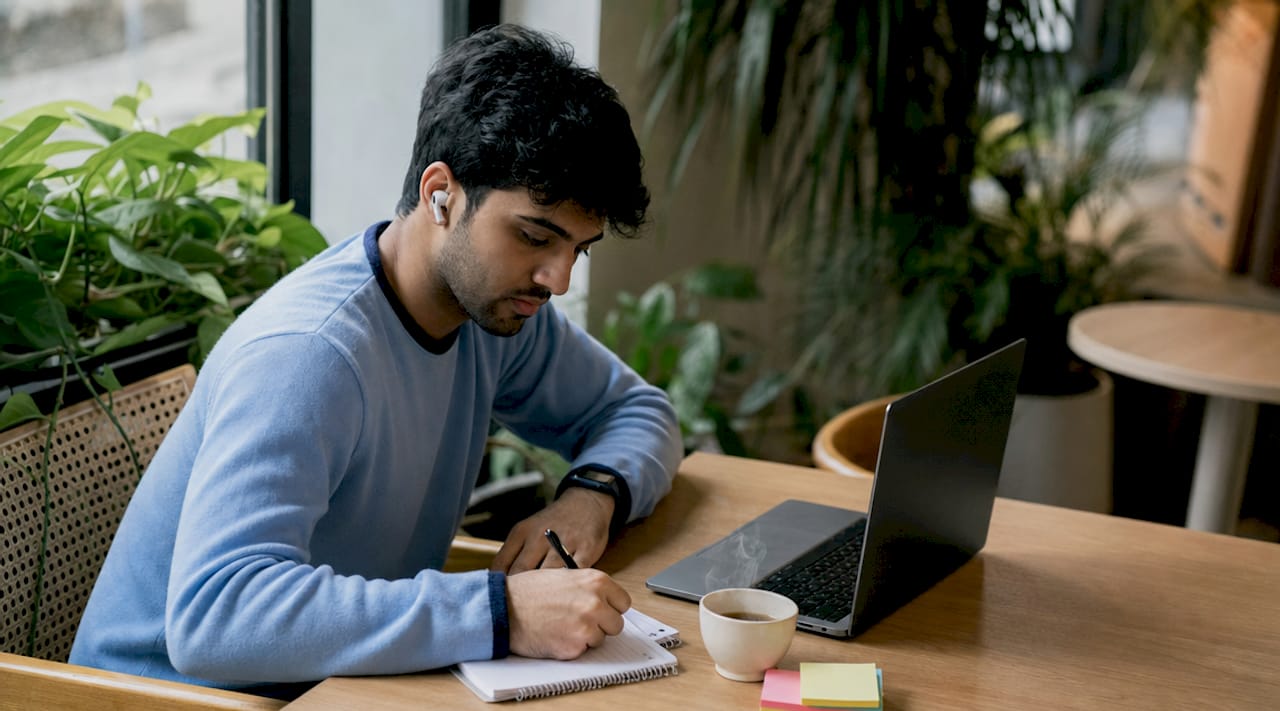 Man taking notes during sales call