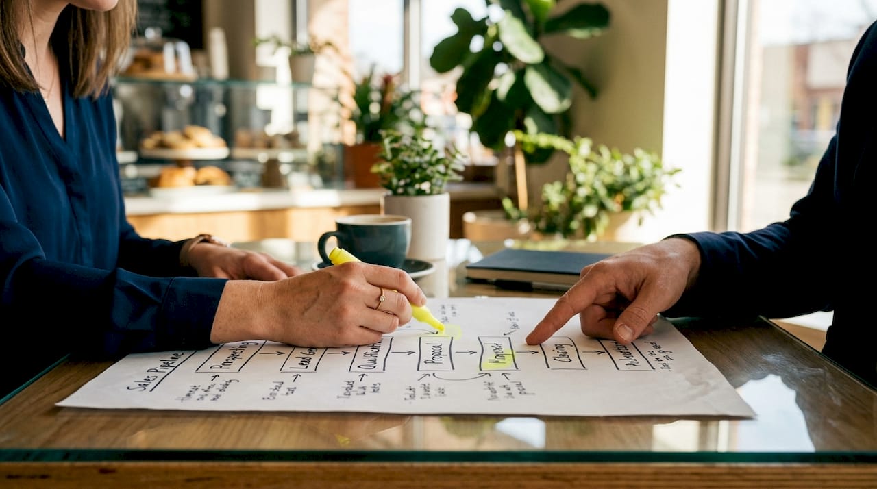 Hands pointing at sales pipeline flowchart