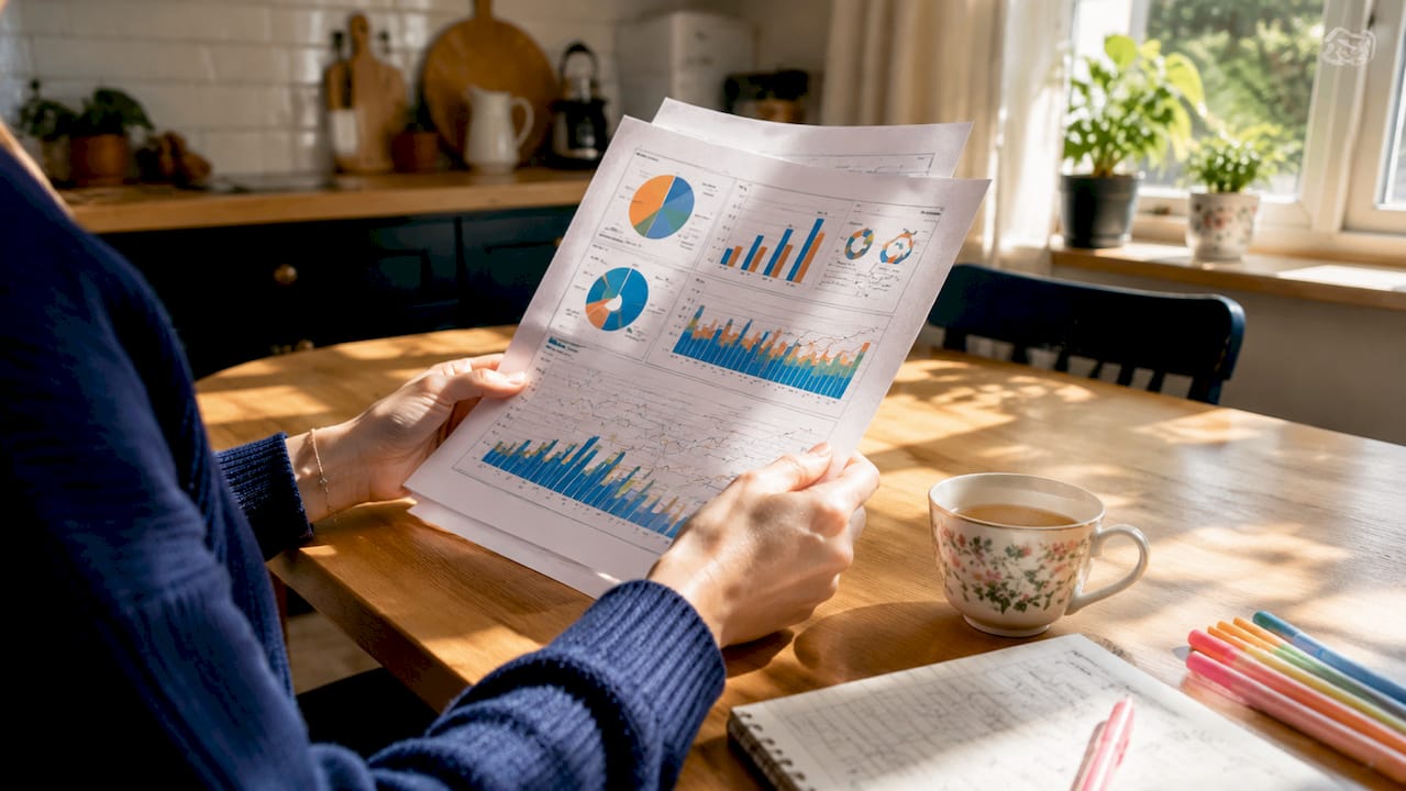 Close-up of hands reviewing sales metrics spreadsheets