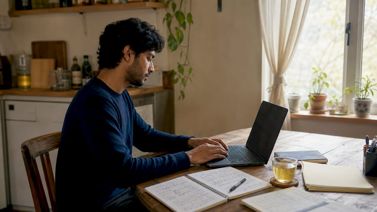 Over-shoulder view of man working on sales strategy