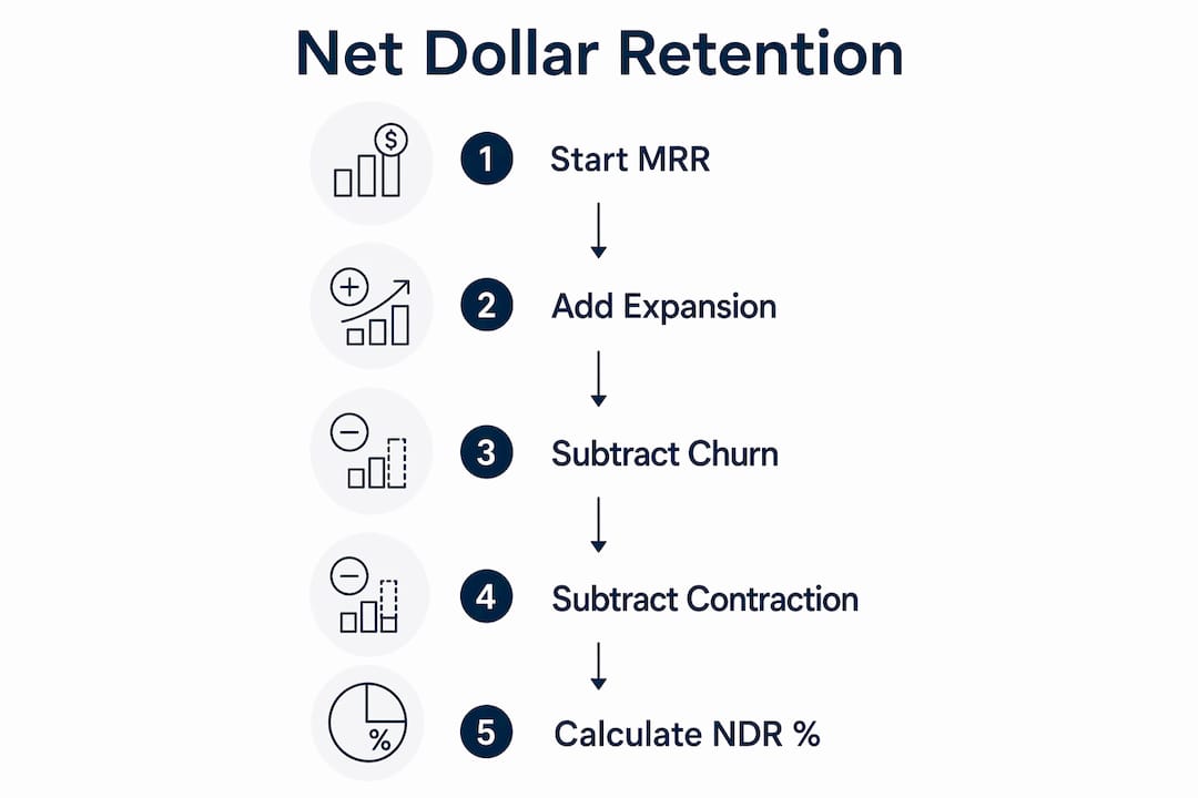 Infographic illustrating net dollar retention calculation steps