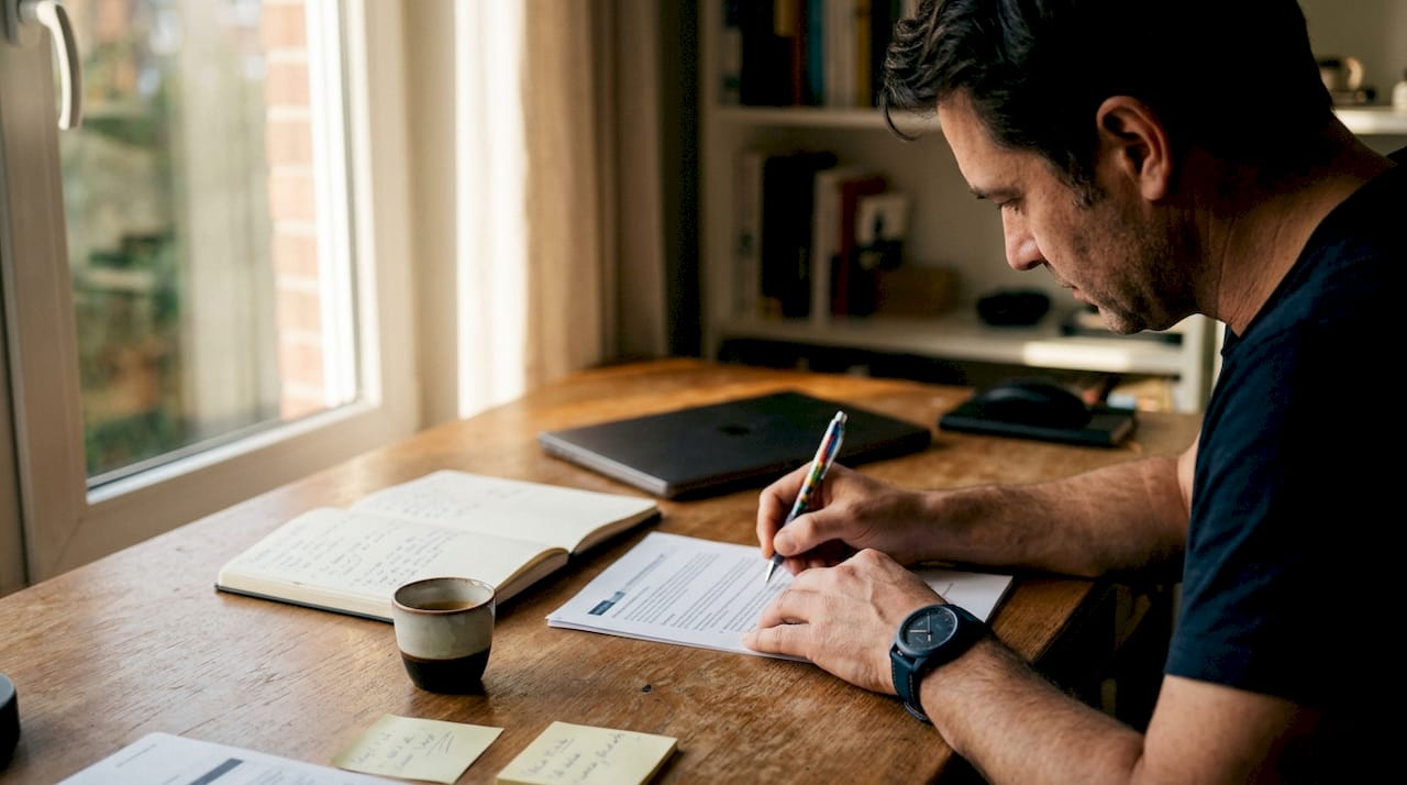 Hands writing sales training process notes overhead view