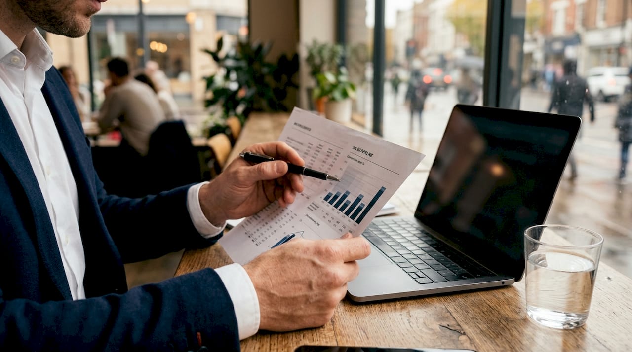 Hands reviewing sales pipeline report with pen