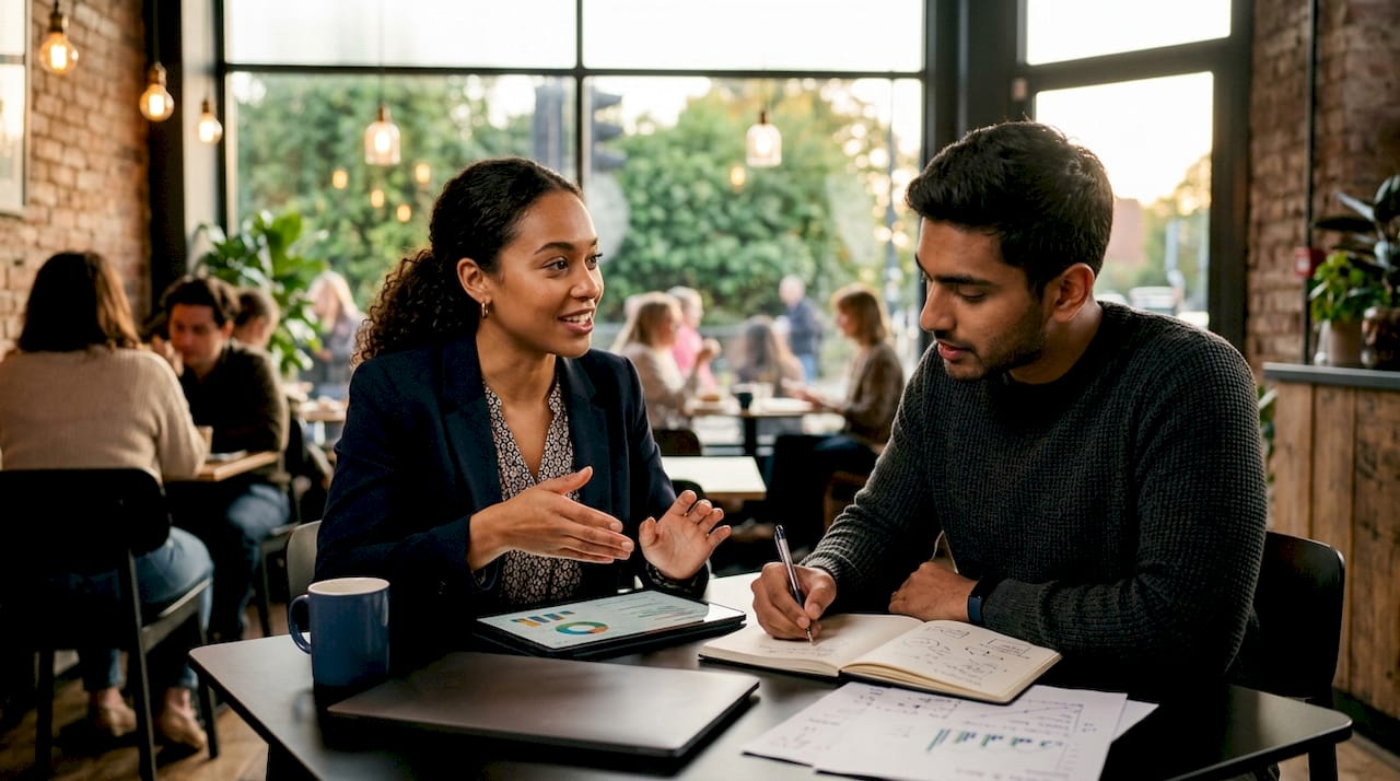 Two business professionals discussing sales plans