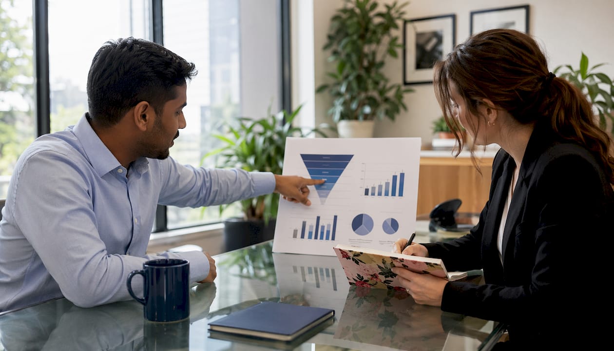 Hands pointing at pipeline analysis chart