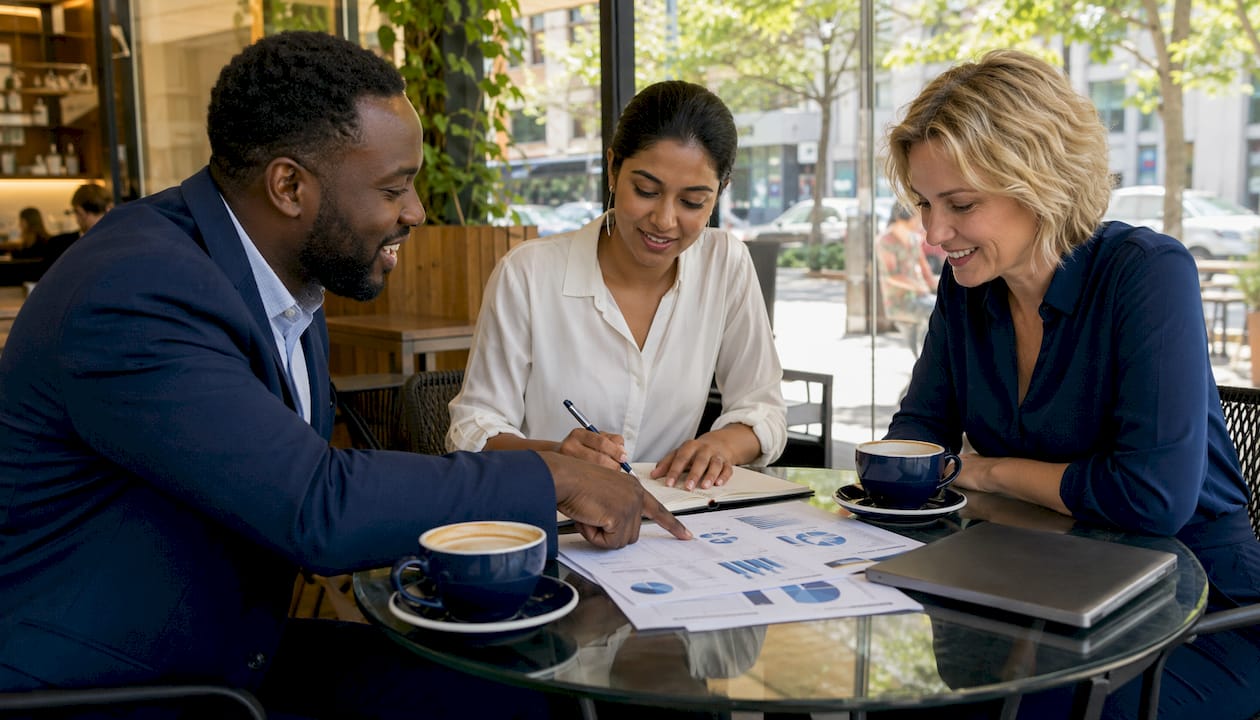 Team discussing prospecting strategy at table