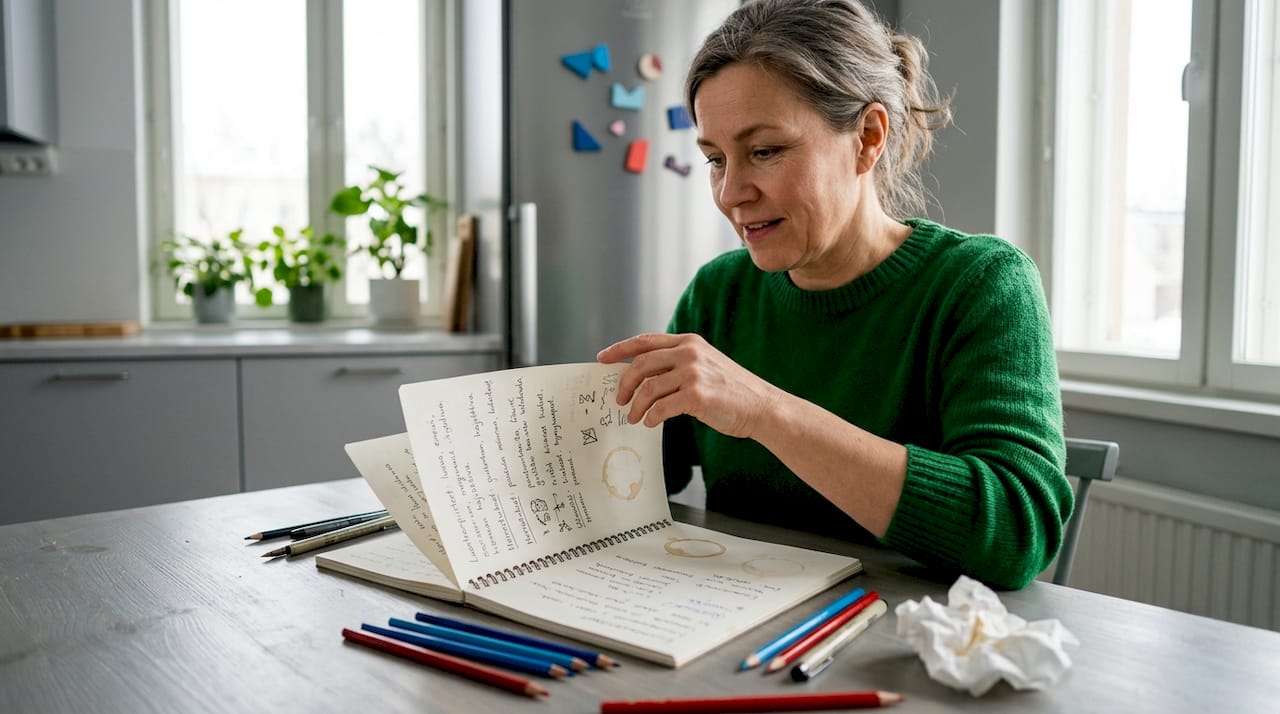 Nainen käy läpi muistiinpanojaan etsiessään inspiraatiota muistoesineen tekoon.