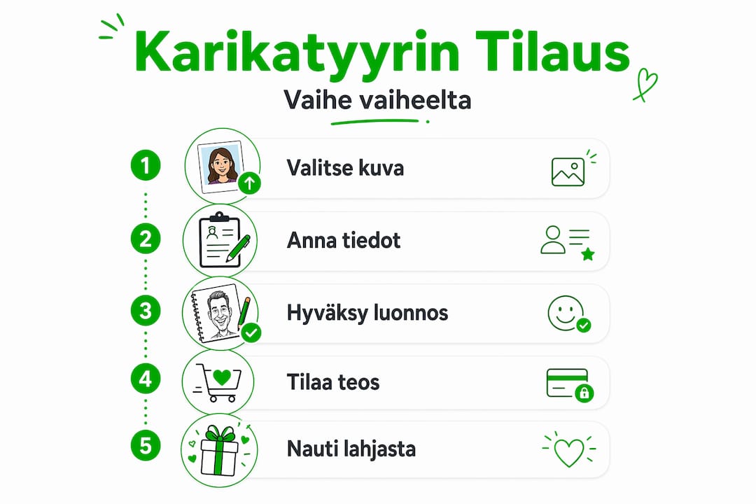 Karikatyyrin tilaamisen vaiheet selkeästi vaihe vaiheelta