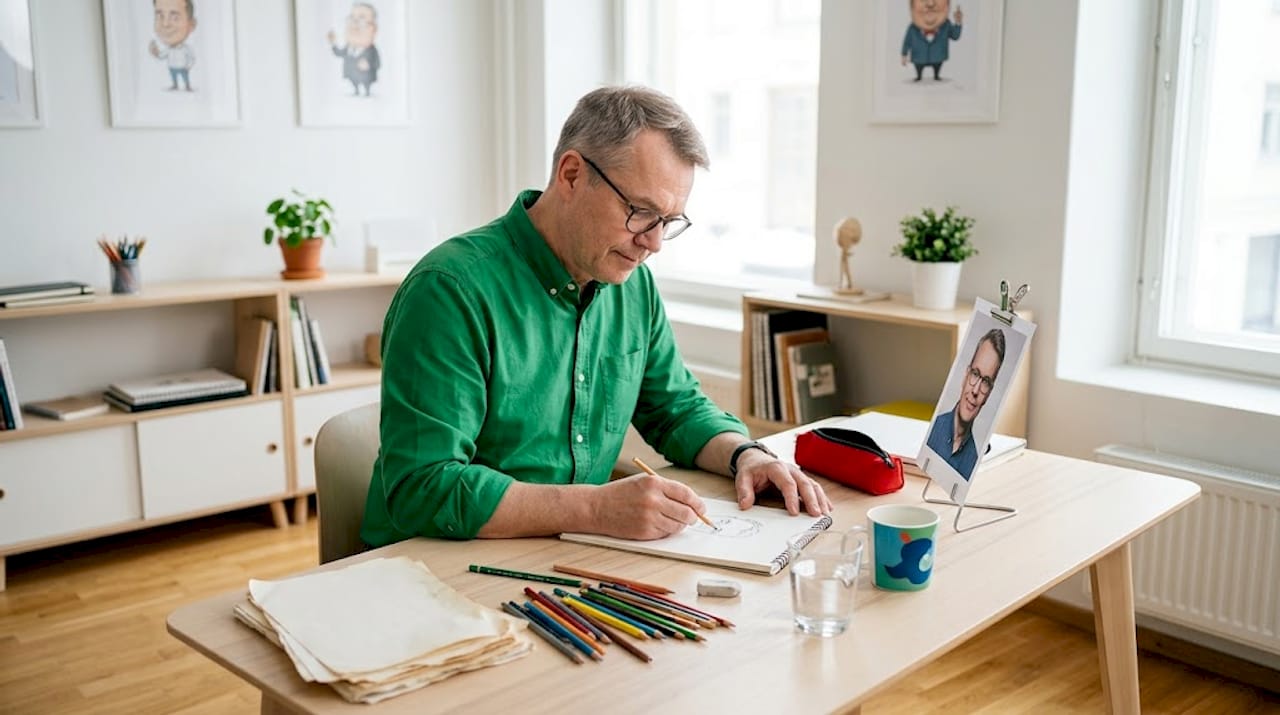 Karikatyyripiirtäjä uppoutuu töihinsä piirustuspöydän äärellä.