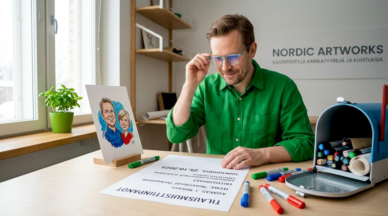 Taiteilija käy läpi karikatyyrityötä studiollaan