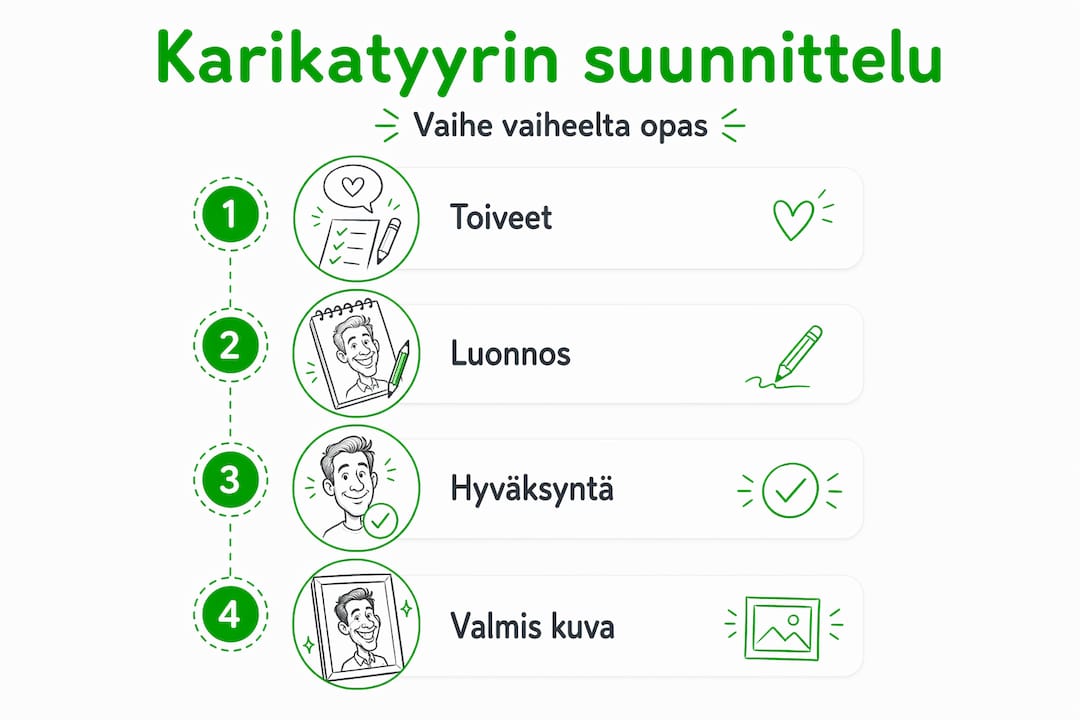Infografiikka karikatyyrilahjan suunnitteluprosessista