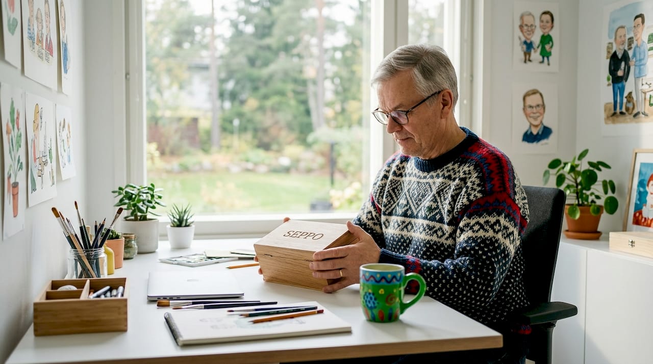 Eläkkeelle jäävä mies istuu työpöytänsä ääressä, kädessään muisto vuosien varrelta.