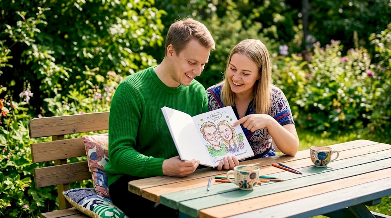 Ystäväporukka tutkii pöydän ääressä henkilökohtaista karikatyyriä ja nauraa yhdessä lahjan kekseliäisyydelle.