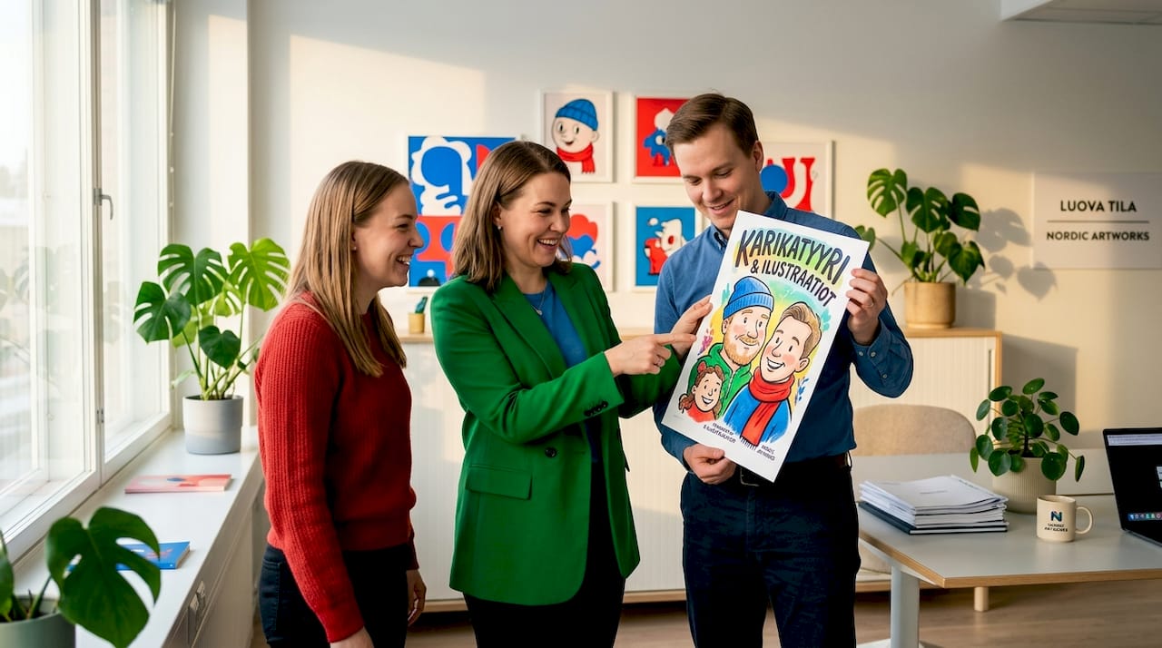 Pieni porukka ihastelee yhdessä karrikatyyriä.