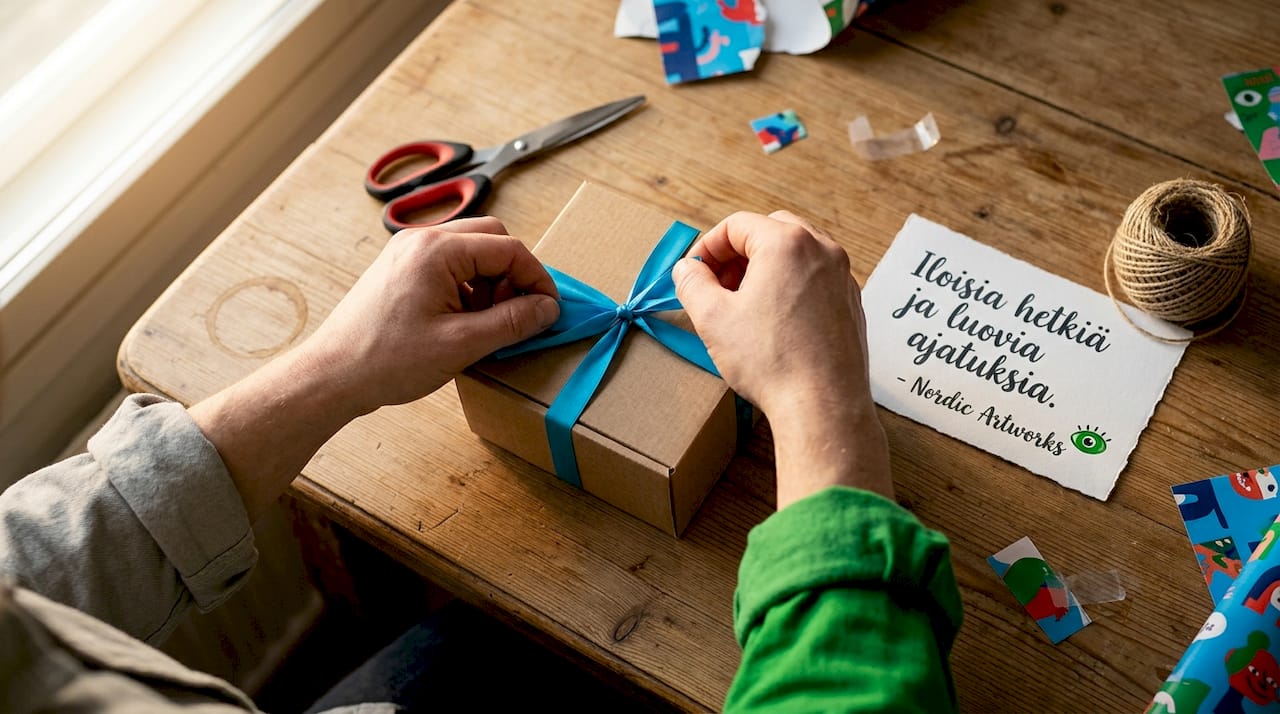 Kädet sitovat lahjan ympärille kaunista lahjanarua pienen paketin koristukseksi.
