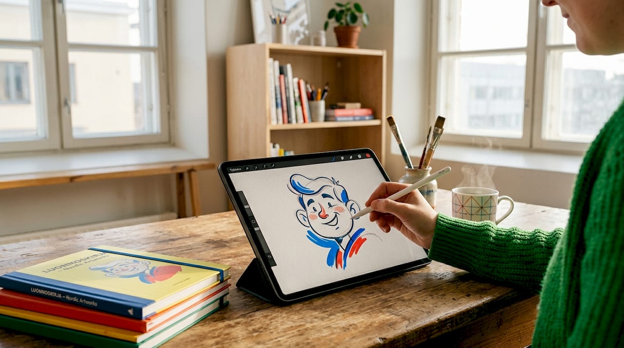 Tabletin näytölle syntyy digitaalisena pilapiirros.