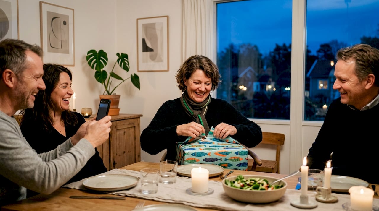 Nainen avaa kalastusharrastukseen liittyvän lahjan ystäviensä seurassa